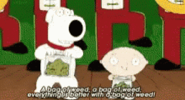 a cartoon of a dog holding a bag of weed next to a boy