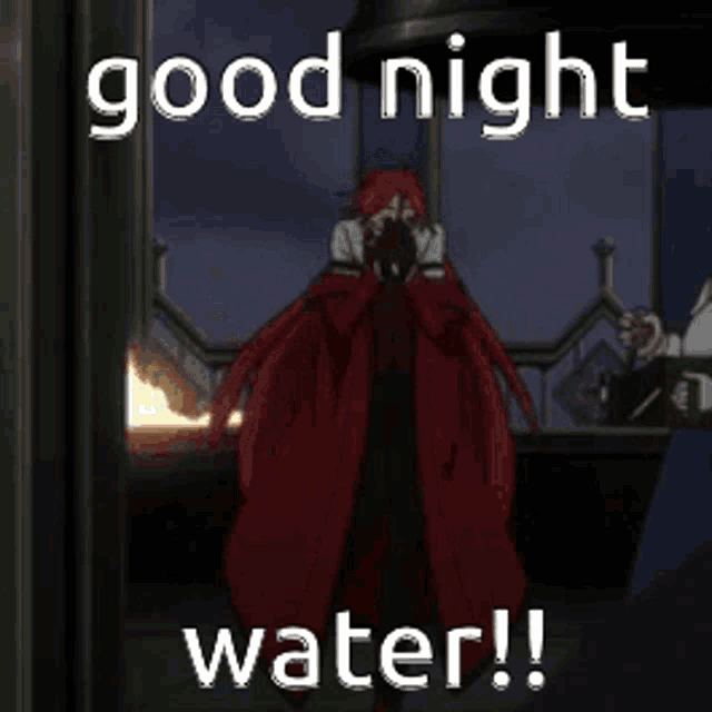 a man in a red coat is standing in front of a window with the words `` good night water '' .
