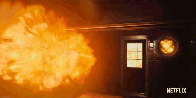a netflix ad shows an explosion in front of a brick house