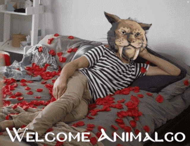 a man wearing a cat mask is laying on a bed covered in rose petals