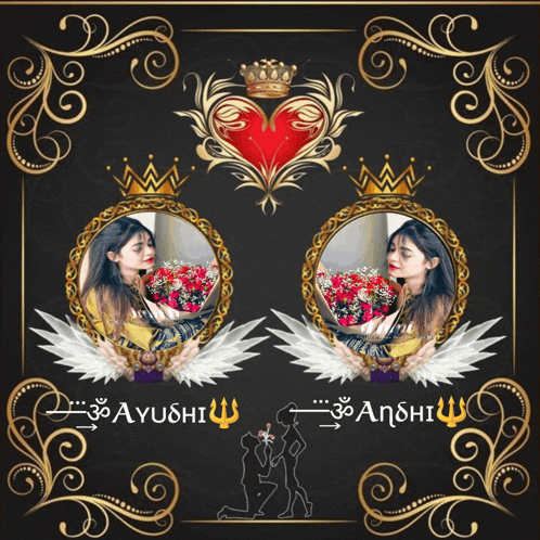 a picture of a woman in a gold frame with ayushi written on the bottom