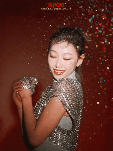a woman in a sequined dress is surrounded by confetti and the words " with red " on the bottom right