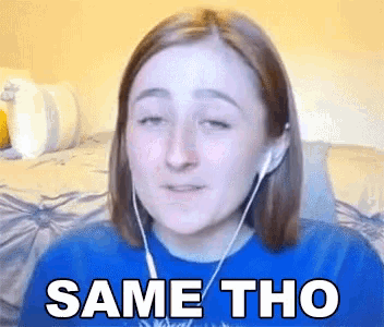 a woman wearing headphones and a blue shirt has the words same tho written on her face