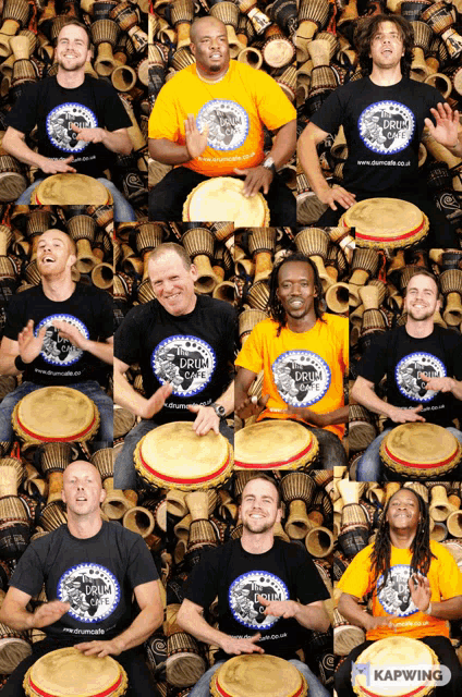 a group of men wearing black shirts that say drum on them
