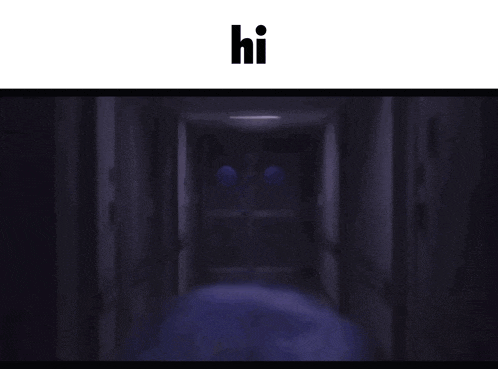 a dark room with a purple light coming out of the door and the word hi above it