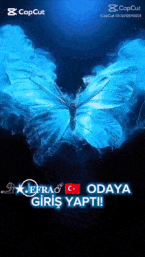 a blue butterfly is on a black background with the words odaya giriş yapti on the bottom