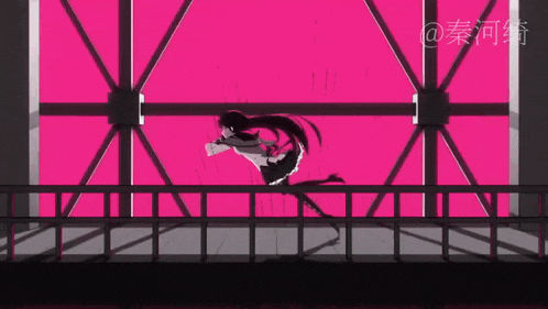 a drawing of a person jumping in front of a pink background with chinese writing