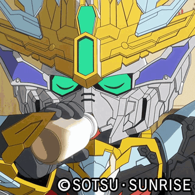 a robot drinking from a cup with the words sotsu sunrise written below it