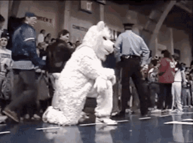 a mascot is kneeling down in front of a crowd with a police officer