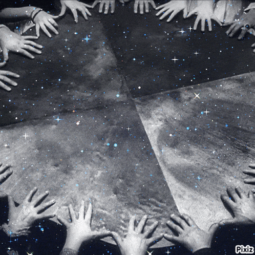 a black and white photo of people 's hands on a table with pixiz written on the bottom right