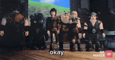 a group of cartoon characters are standing next to each other and one of them is saying " okay "