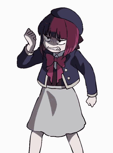 a girl with red hair is wearing a blue jacket and a beret