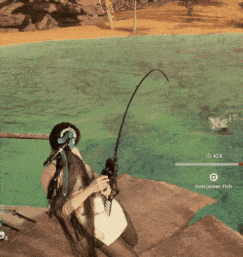 a woman is holding a fishing rod in front of a body of water that says overpower fish on the bottom