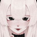 a close up of a anime girl 's face with long white hair .