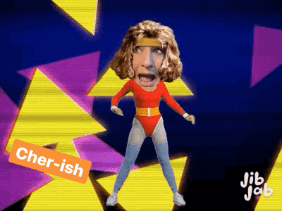 a woman in a red leotard is dancing with the word cher-ish on the bottom right