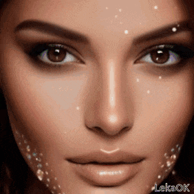 a close up of a woman 's face with lekaok written on the bottom right