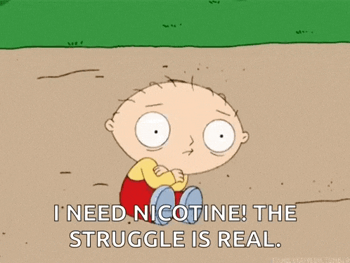 a cartoon character from family guy is sitting on the ground and saying `` i need nicotine ! the struggle is real ! ''