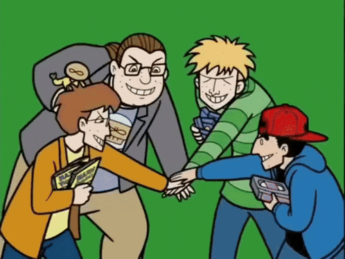 a group of cartoon characters are putting their hands together in a circle
