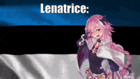 a girl with pink hair stands in front of a blue and white flag with lenatrice written on it