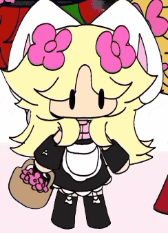 a cartoon girl with blonde hair and pink flowers on her head
