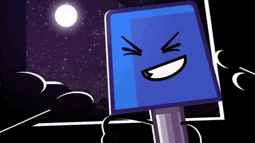 a cartoon drawing of a blue cube with a smiling face
