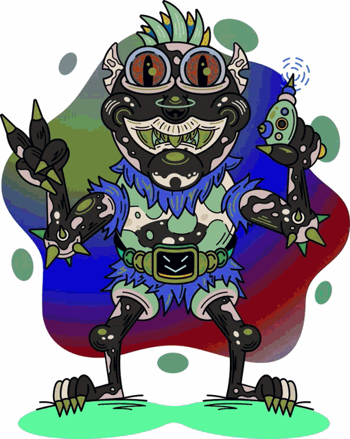 a cartoon drawing of a monster with a remote control in his hand