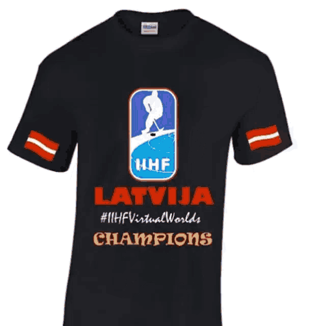 a black t-shirt says latvija #iihf virtual worlds champions