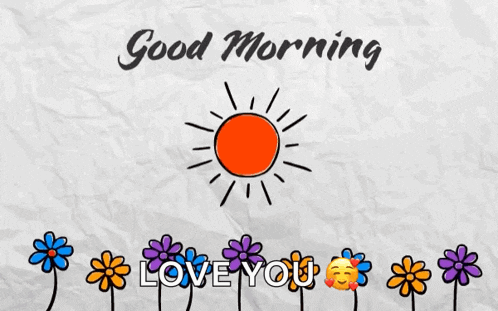 a good morning greeting card with flowers and a sun