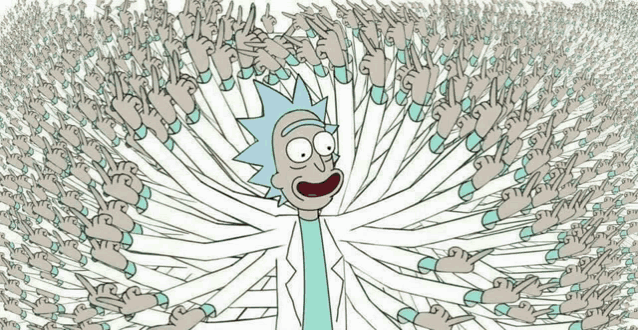 a cartoon of rick and morty surrounded by a bunch of fingers .