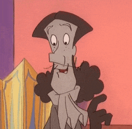 a cartoon character with a scarf around his neck is smiling while standing in front of a pink wall .