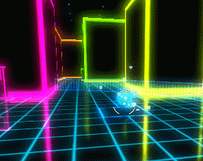 a computer generated image of a room with a grid pattern and neon lights