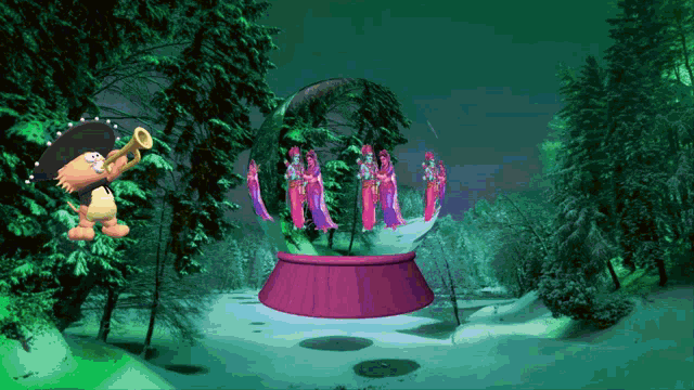 a cartoon character playing a trumpet in front of a snow globe with angels inside