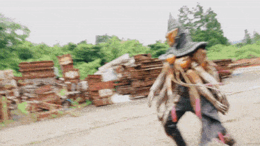a blurred image of a person in a costume walking