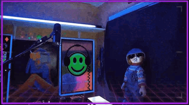 a doll in a space suit is standing in front of a microphone in a dark room .