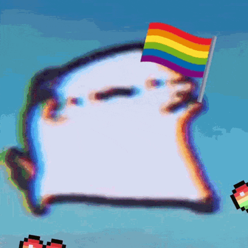 a ghost holding a rainbow flag in its hand