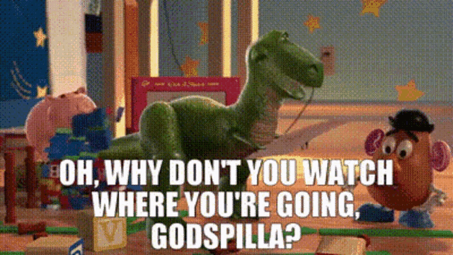 a toy story scene with a potato head and a dinosaur