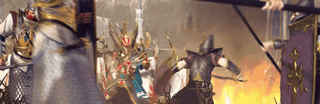 a painting of a battle scene with a castle in the background and a purple flag