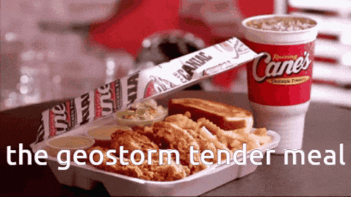 a styrofoam container of chicken and french fries next to a cane 's drink