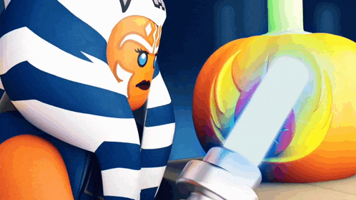 a cartoon character with a blue and white striped costume