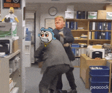 a man in a suit is fighting another man in front of a peacock sign