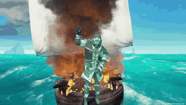 a video game screenshot of a man on a boat with a fire behind him