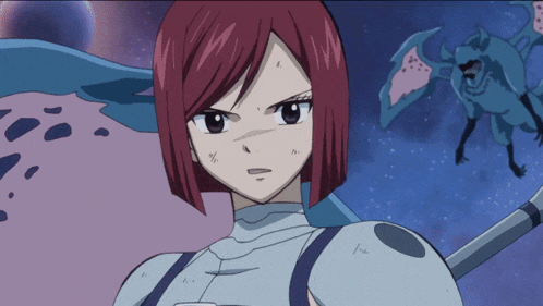a girl with red hair stands in front of a monster