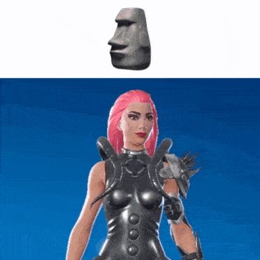 a woman with pink hair is standing next to a statue of a face on a blue background .