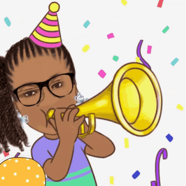 a girl wearing glasses and a party hat blows a trumpet