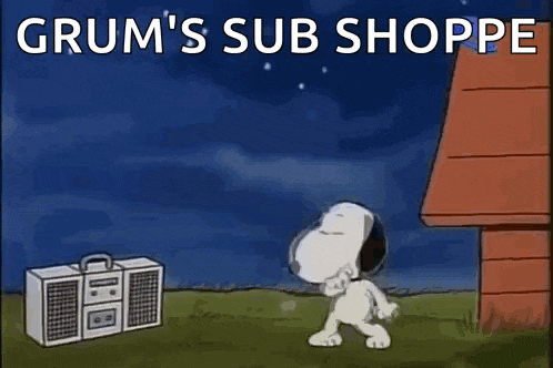 snoopy is dancing in front of a boombox with the words grum 's sub shoppe above him .