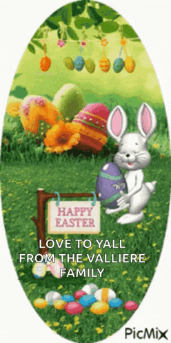 a picture of an easter bunny holding an egg and a sign that says happy easter