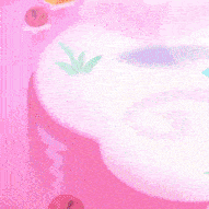a pink cartoon character with hearts on her face