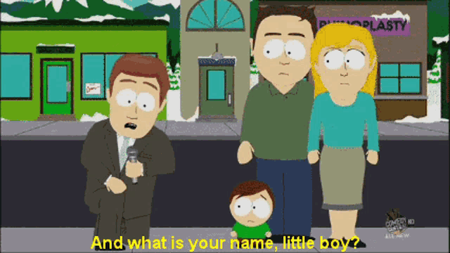 a cartoon of a man and woman standing next to a little boy with the words " and what is your name little boy " above them