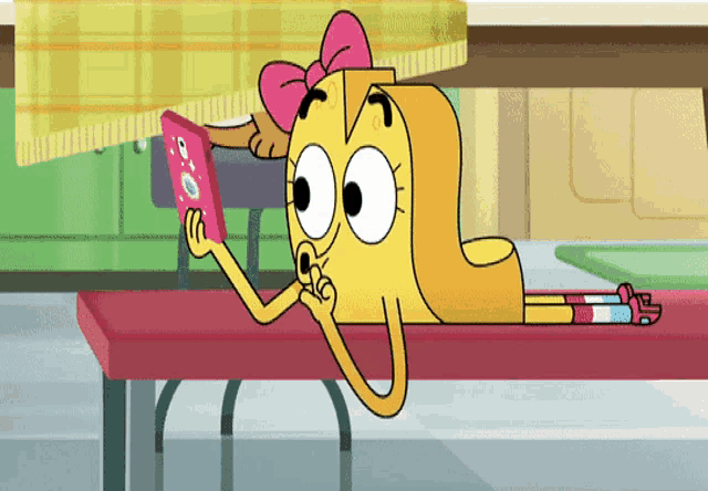 a cartoon character with a pink bow is laying on a bench looking at a cell phone