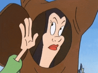 a cartoon of a woman looking out of a hole in a tree trunk